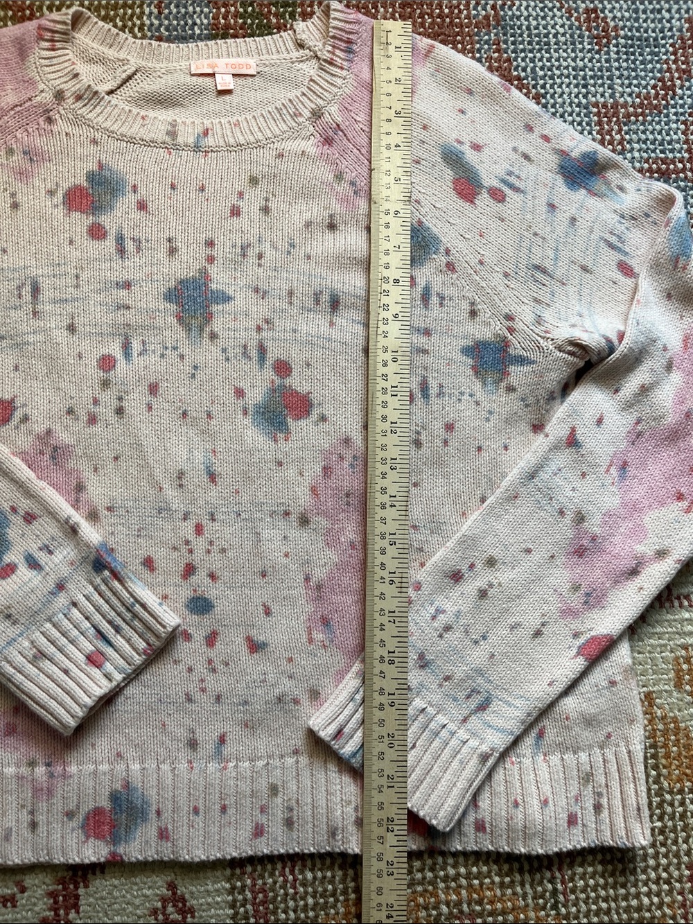Lisa Todd Boundaries Crewneck Sweater Size L Pink Cream Paint Splatter Knit EUC - Picture 2 of 7
